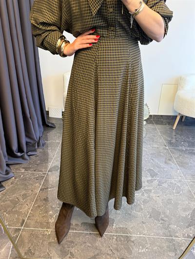 Vintage Haki Ekose Fularlı Etek Gömlek Takım