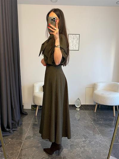 Vintage Haki Ekose Fularlı Etek Gömlek Takım