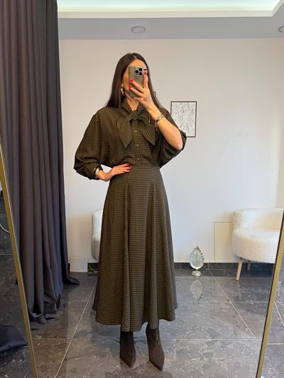 Vintage Haki Ekose Fularlı Etek Gömlek Takım