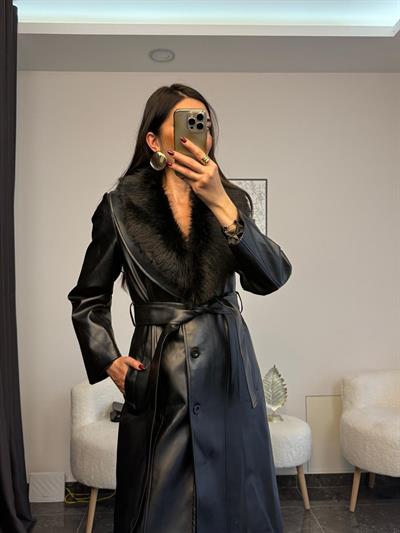 Yakası Çıkarılabılır Kürklü Kuşaklı Suni Deri Kaban