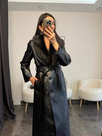 Yakası Çıkarılabılır Kürklü Kuşaklı Suni Deri Kaban