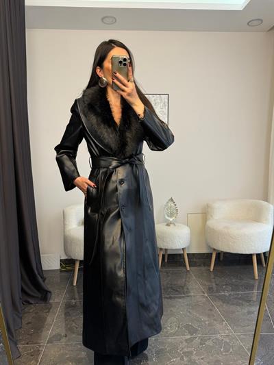 Yakası Çıkarılabılır Kürklü Kuşaklı Suni Deri Kaban