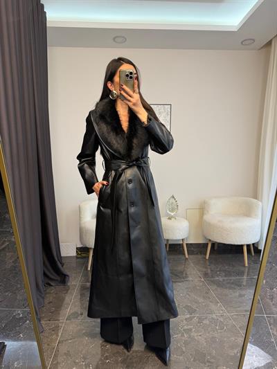 Yakası Çıkarılabılır Kürklü Kuşaklı Suni Deri Kaban