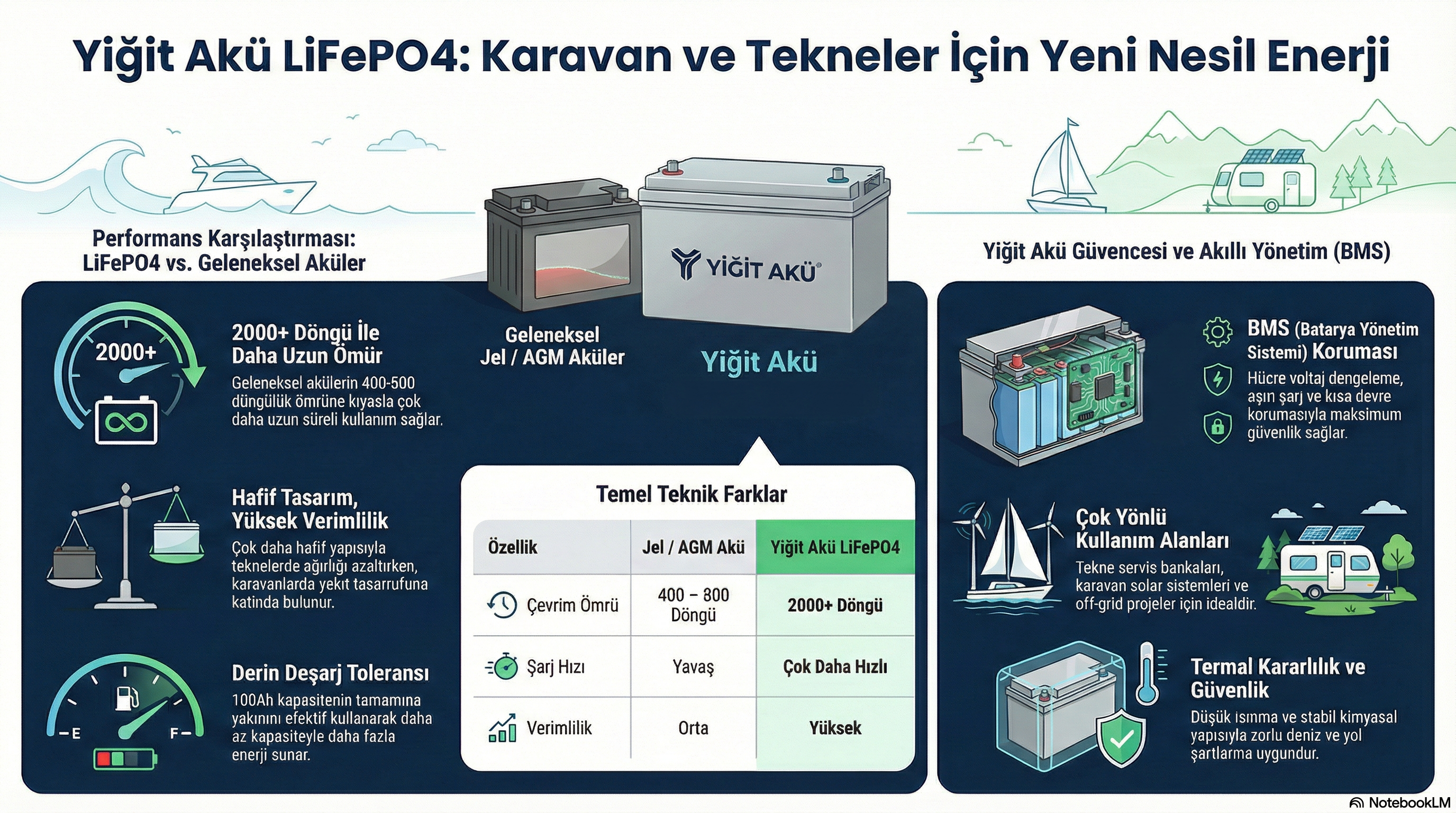Yiğit Akü LiFePO4 Aküler: Tekne ve Karavanlarda Hafif, Güçlü ve Uzun Ömürlü Enerji Çözümü