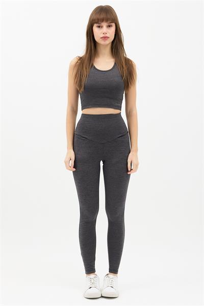 Gizli Cepli Yüksek Bel Açık Antrasit Spor Tayt Takımı - Crop büstiyerli Yoga ve Fitness Seti