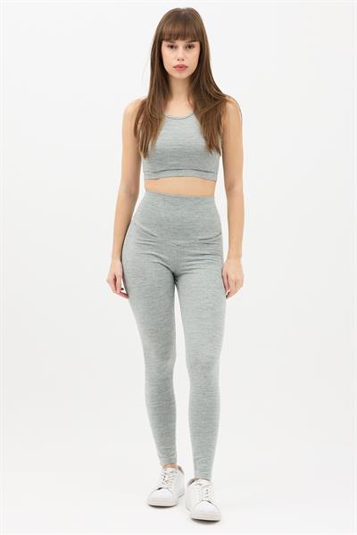 Gizli Cepli Yüksek Bel Gri Spor Tayt Takımı - Crop büstiyerli Yoga ve Fitness Seti