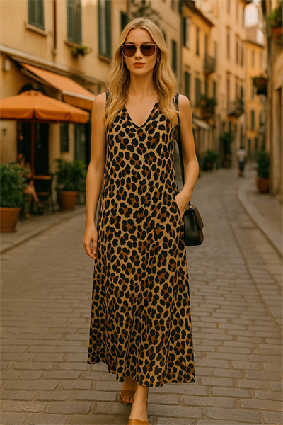 LEOPAR DESENL MAXİ ELBİSE