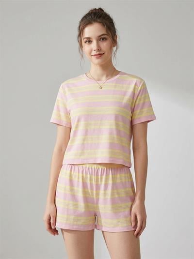 Merlot-Pembe Sarı Çizgili T-Shirt Şort Örme Pijama Takımı-Pijama Takımı