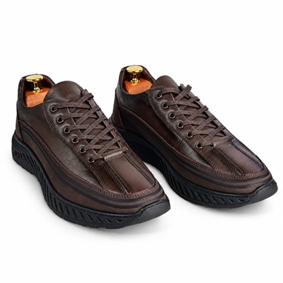KAHVERENGİ DERİ DESENLİ ŞERİTLİ ERKEK CASUAL AYAKKABI M7019