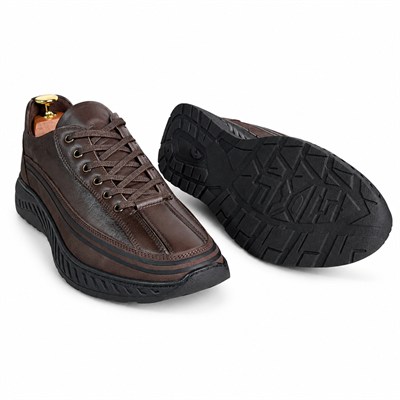 KAHVERENGİ DERİ DESENLİ ŞERİTLİ ERKEK CASUAL AYAKKABI M7019