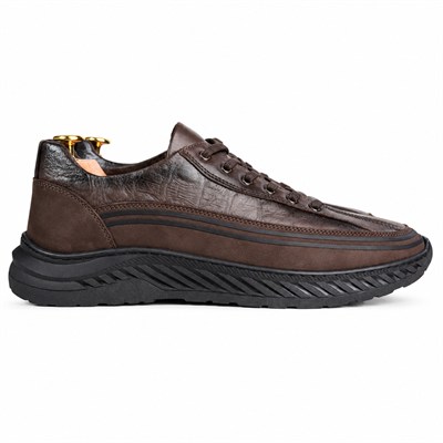 KAHVERENGİ DERİ DESENLİ ŞERİTLİ ERKEK CASUAL AYAKKABI M7019