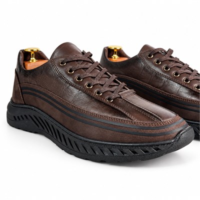 KAHVERENGİ DERİ DESENLİ ŞERİTLİ ERKEK CASUAL AYAKKABI M7019
