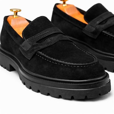 HAKİKİ DERİ KALIN TABAN SÜET LOAFER SİYAH ERKEK KLASİK AYAKKABI M4714