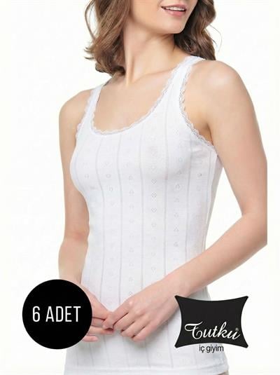 TUTKU Kalın Askılı Jakarlı Nefes Alabilen Kumaş  6’Lı Paket - Beyaz