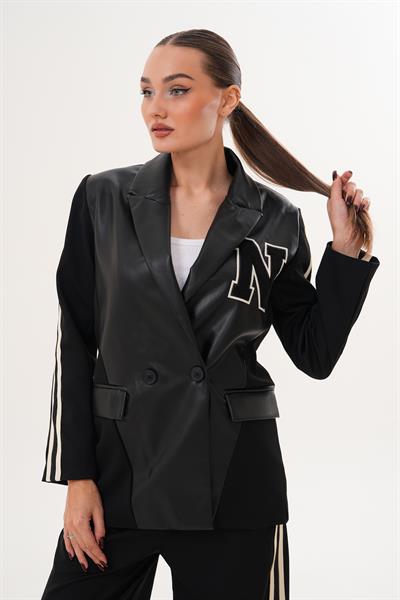 Siyah Deri Detaylı Spor Blazer Ceket