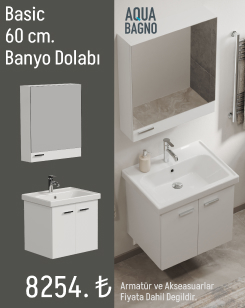 Aqua Bagno Basic Alt dolap + Üst dolap -Lavabo dahil-Beyaz ,60 cm. 3 parça