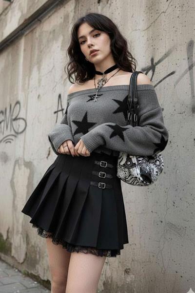 Antrasit Stars Askılı Y2K Triko Kazak