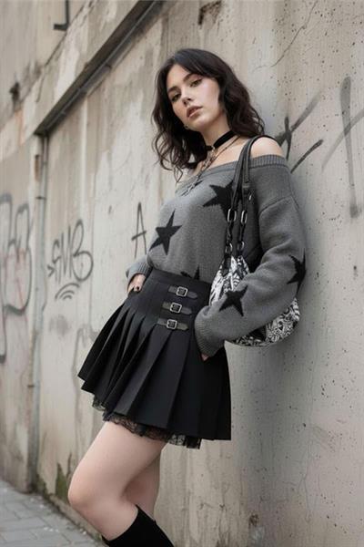 Antrasit Stars Askılı Y2K Triko Kazak