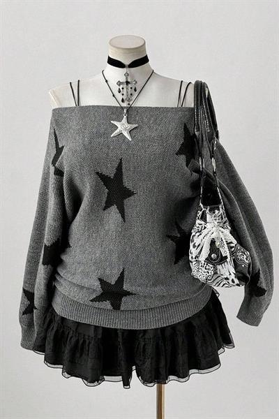 Antrasit Stars Askılı Y2K Triko Kazak