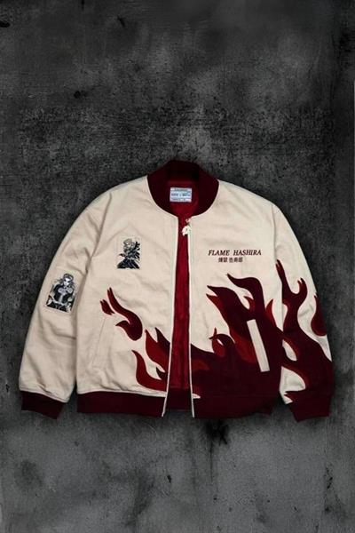 Bej Anime Flame Hashira Kyojuro Rengoku Unisex Bomber Ceket