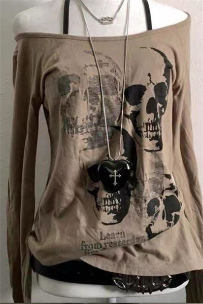 Bej Gotik Skulls Askılı Y2K Uzun Kollu Crop