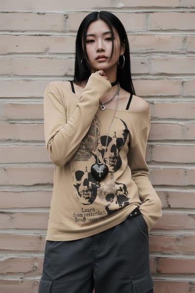 Bej Gotik Skulls Askılı Y2K Uzun Kollu Crop