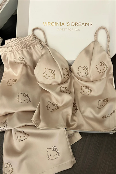 Bej Hello Kitty Taş Detaylı Saten Homewear Pijama Takımı