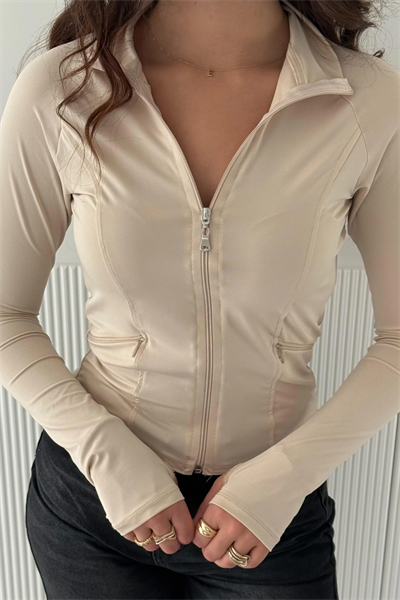 Bej Rover Crop Zipper Hoodie