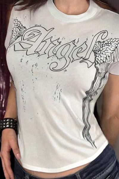 Beyaz Angel Wings Gotik Y2K Kısa Kollu Crop