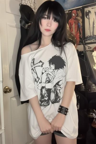 Beyaz Anime Death Note L Cross Y2K Kısa Kollu Off-Shoulder T-Shirt