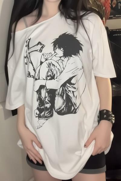 Beyaz Anime Death Note L Cross Y2K Kısa Kollu Off-Shoulder T-Shirt