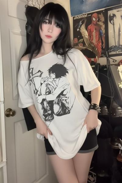 Beyaz Anime Death Note L Cross Y2K Kısa Kollu Off-Shoulder T-Shirt