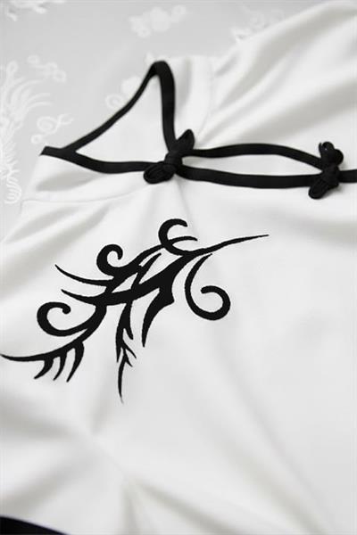 Beyaz Çin Yakalı Floral Motifli Beyaz Şeritli Vintage Y2K Kısa Kollu Crop