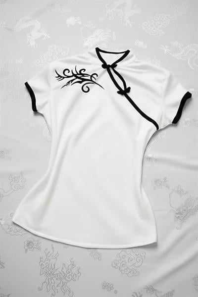 Beyaz Çin Yakalı Floral Motifli Beyaz Şeritli Vintage Y2K Kısa Kollu Crop