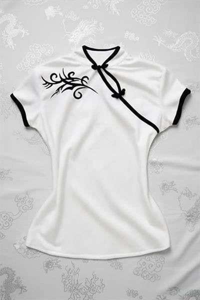 Beyaz Çin Yakalı Floral Motifli Beyaz Şeritli Vintage Y2K Kısa Kollu Crop