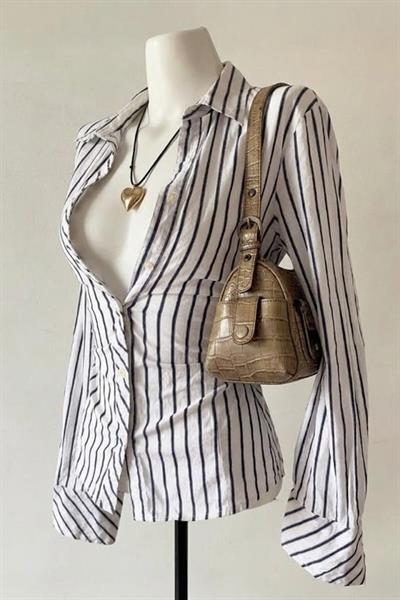 Beyaz Çizgili Vintage Mini Puff Sleeve Goth Y2K Uzun Kollu Gömlek