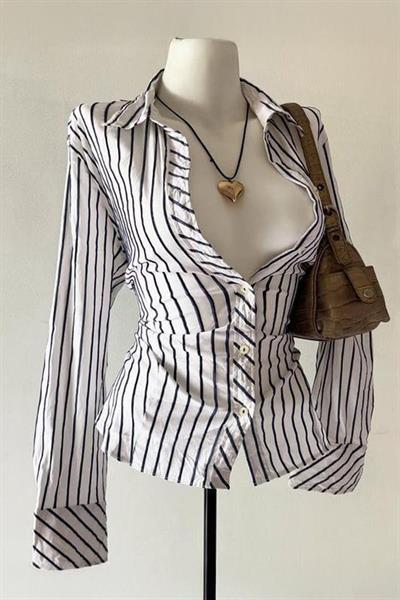 Beyaz Çizgili Vintage Mini Puff Sleeve Goth Y2K Uzun Kollu Gömlek