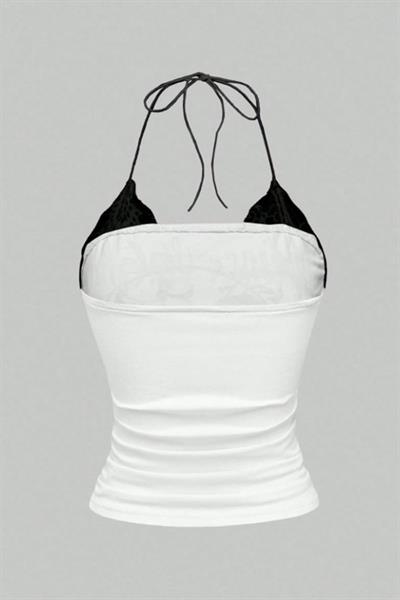 Beyaz Dantelli Embrace The Chaos Gotik Y2K Boyundan Bağlamalı Crop