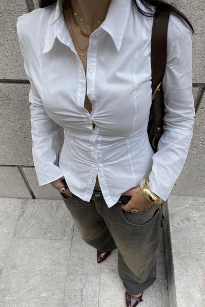 Beyaz Dar Kesim İspanyol Kol Poplin Y2K Gömlek