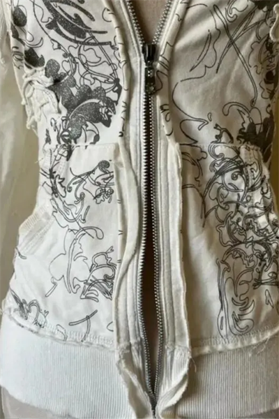 Beyaz Gotik Flower Desenli Crop Hırka