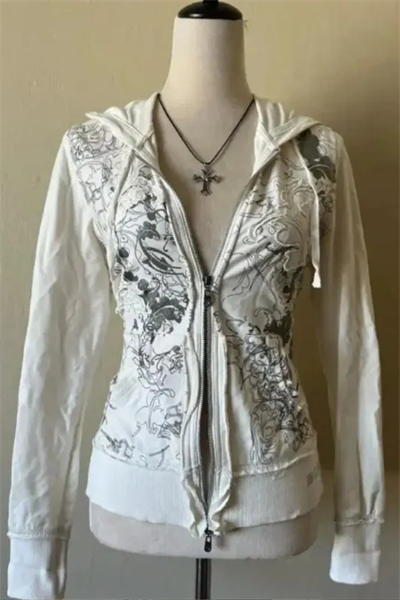 Beyaz Gotik Flower Desenli Crop Hırka