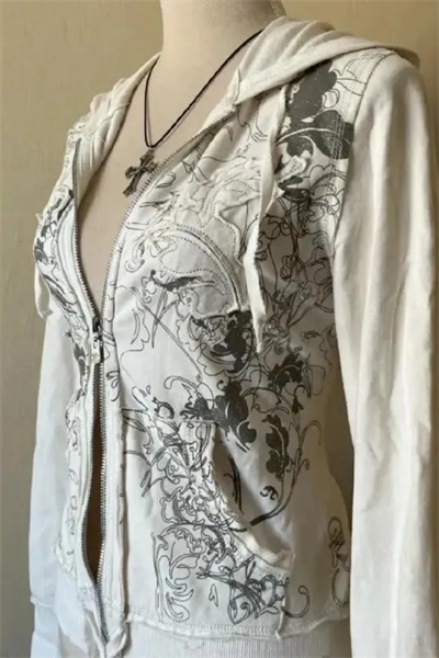 Beyaz Gotik Flower Desenli Crop Hırka