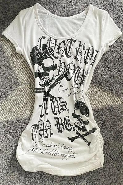 Beyaz Gotik Skulls Control Geniş Yaka Y2K Kısa Kollu Crop