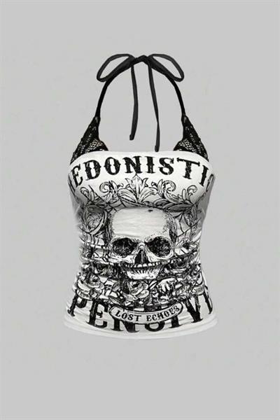 Beyaz Hedonistic Skull Dantel Detaylı Y2K Askılı Crop