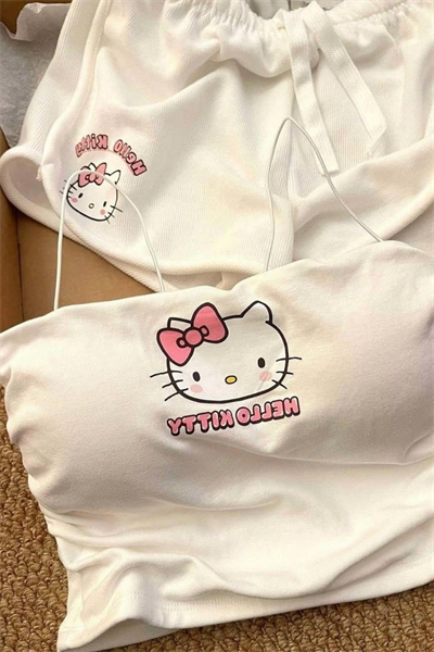 Beyaz Hello Kitty Crop Şort Alt Üst Takım