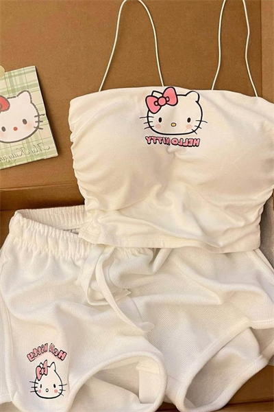 Beyaz Hello Kitty Crop Şort Alt Üst Takım