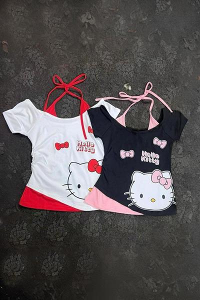 Beyaz Hello Kitty Ek Askılı Y2K Kısa Kollu Crop