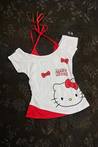 Beyaz Hello Kitty Ek Askılı Y2K Kısa Kollu Crop