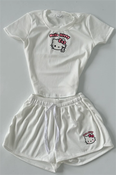 Beyaz Hello Kitty Tam Boy Bluz Şort Alt Üst Takım