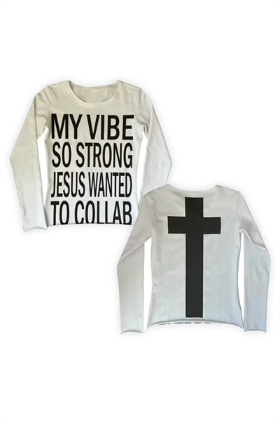 Beyaz My Vibe Cross Sırt Baskılı Y2K Uzun Kollu Crop